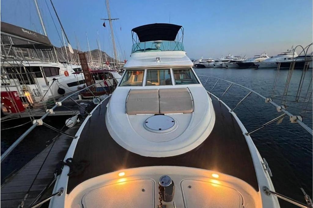 Marinada, siyah ve beyaz renkli, üstü açık güvertesi olan motor yat.