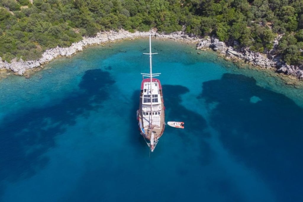 Mavi suda, kıyısında yeşil ağaçlar ve kayalıklar olan yelkenli tekne ve yanında küçük bot.