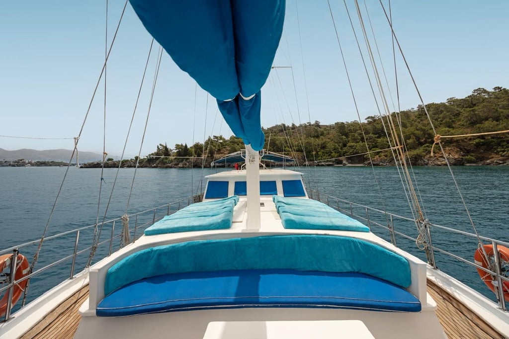 Sailboat deck equipped with blue cushions and covers, sea and tree-lined shore in the background.