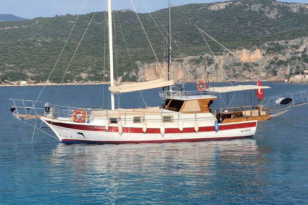 Denizde, beyaz ve kırmızı renkli yelkenli tekne, arka kısmında Türk bayrağı ve can simidi.