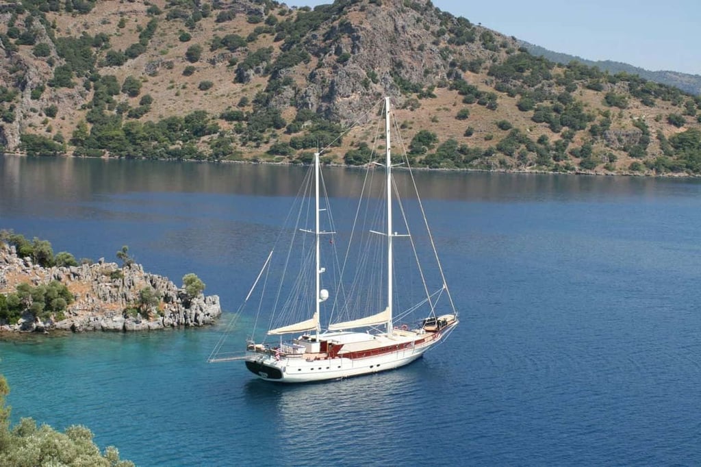 Mavi suda, kıyısında ağaçlı ve kayalık yamaçların olduğu beyaz yelkenli tekne.