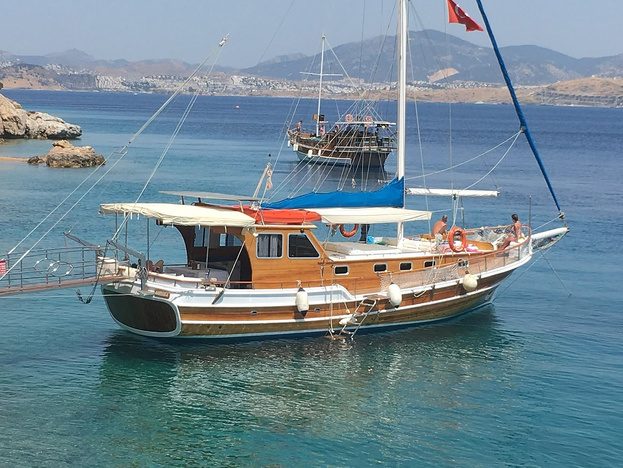 Mavi suda, yelkenli direği ve kırmızı bayrağı olan ahşap tekne.
