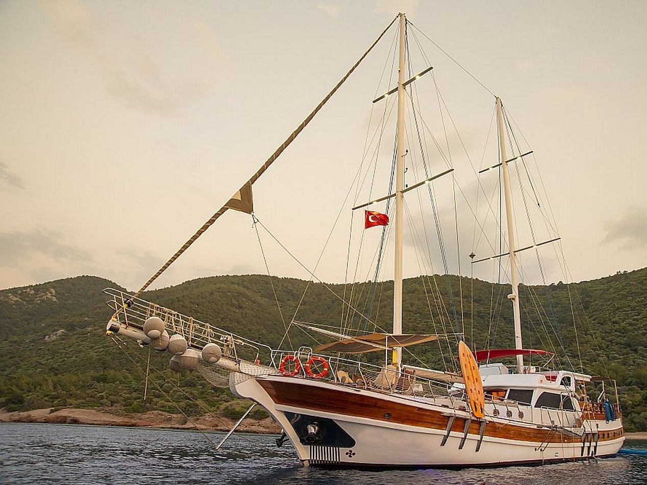 İki direkli, ahşap gövdeli yelkenli tekne, kıyıda yeşil ormanlı dağlar önünde.