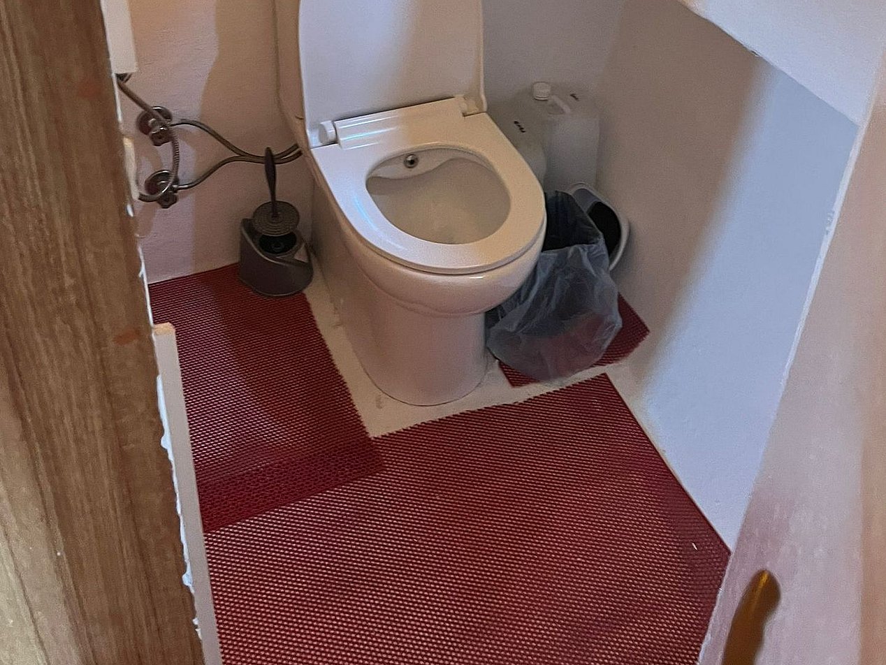 Beyaz klozet, kırmızı halı ve sarı perde bulunan küçük banyo.